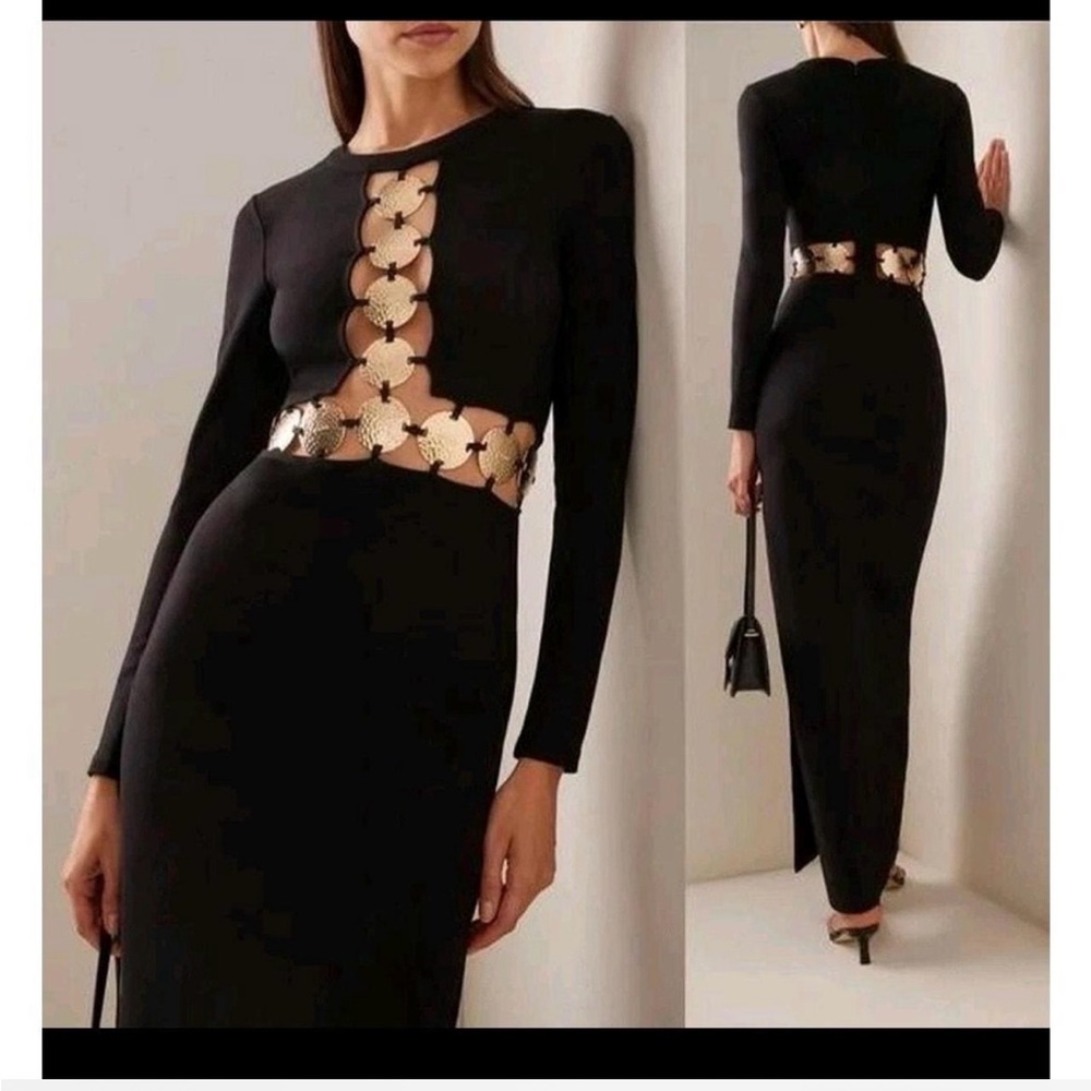 NWT - STAUD Delphine Black Dress with Cutouts and Gold Accents - Size 10/M